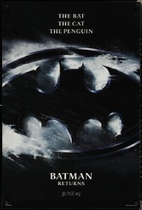 1z1123 BATMAN RETURNS teaser 1sh 1992 Burton, Keaton, The Bat, The Cat, The Penguin, logo design!