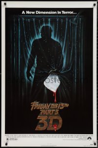 1z1203 FRIDAY THE 13th PART 3 - 3D 1sh 1982 slasher sequel, art of Jason stabbing through shower!