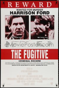 1z1209 FUGITIVE recalled int'l 1sh 1993 Harrison Ford is on the run, cool wanted poster design!