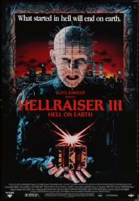 1z0067 HELLRAISER III: HELL ON EARTH 27x39 video poster 1992 Clive Barker, Pinhead holding cube!