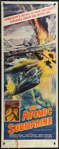 1z0928 ATOMIC SUBMARINE insert 1959 cool Reynold Brown art, hell explodes under the Arctic Sea!