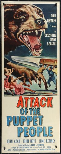 1z0930 ATTACK OF THE PUPPET PEOPLE insert 1958 AIP, art of tiny people w/steak knife attacking dog!
