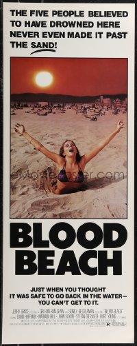 1z0937 BLOOD BEACH insert 1981 Jaws parody tagline, image of sexy girl in bikini sinking in sand!