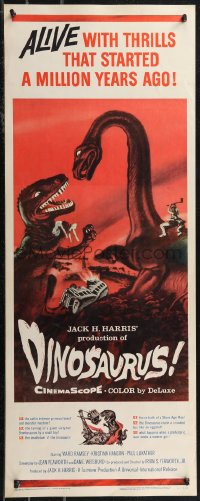 1z0956 DINOSAURUS insert 1960 great artwork of battling prehistoric T-rex & brontosaurus monsters!