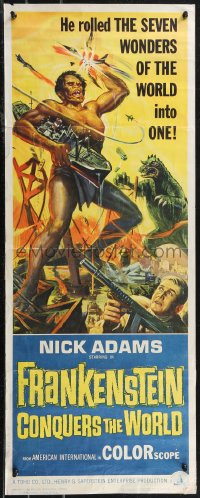1z0971 FRANKENSTEIN CONQUERS THE WORLD insert 1966 Toho, art of monsters terrorizing by Reynold Brown!
