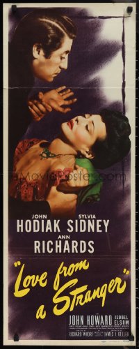 1z1012 LOVE FROM A STRANGER insert 1947 John Hodiak, Sylvia Sidney, a fatal fascination!