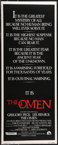 1z1028 OMEN style E insert 1976 Gregory Peck, Lee Remick, Satanic horror, it's frightening!