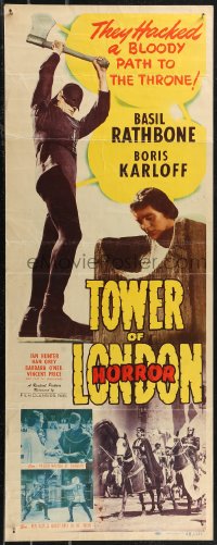 1z1082 TOWER OF LONDON insert R1948 great art of executioner Boris Karloff & Basil Rathbone, rare!