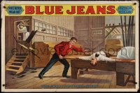 1z0016 BLUE JEANS 28x43 stage poster 1890s stone litho of man about to be bisected by sawblade!