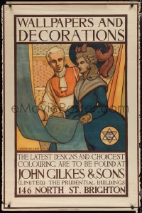 1z0014 JOHN GILKES & SONS 31x47 English advertising poster 1920s Leigh art of woman examining wallpaper!