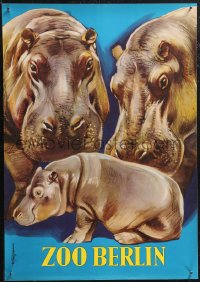 1z0134 ZOO BERLIN 16x23 German special poster 1950s wonderful art of baby hippo with adults!