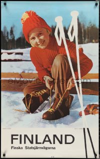 1z0099 FINLAND 24x39 Finnish travel poster 1960s great image of kid lacing ice skates!