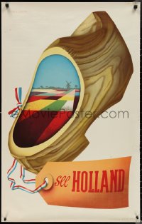 1z0102 HOLLAND 24x38 Dutch travel poster 1950s Cor V. Velsen art of wooden shoe & landscape!