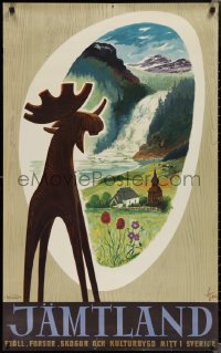1z0104 JAMTLAND 24x39 Swedish travel poster 1960s Kjell art of moose with church and waterfall!