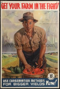 1z0151 GET YOUR FARM IN THE FIGHT 19x28 WWII war poster 1942 art of a farmer with fields and more!