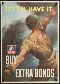 1z0154 LET 'EM HAVE IT BUY EXTRA BONDS 20x28 WWII war poster 1943 Perlin art of soldier w/ grenade!