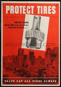 1z0162 PROTECT TIRES 14x20 WWII war poster 1945 military convoy passing a destroyed town!