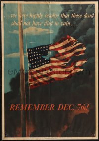 1z0164 REMEMBER DEC. 7TH! 14x20 WWII war poster 1942 tattered half-mast American flag, Saalburg art!