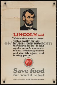 1z0141 SAVE FOOD FOR WORLD RELIEF 20x30 WWI war poster 1910s President Abraham Lincoln quote!