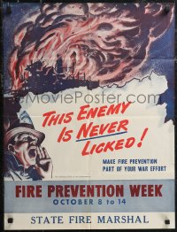 1z0167 THIS ENEMY IS NEVER LICKED 19x25 WWII war poster 1940s New York City Fire Prevention Week!