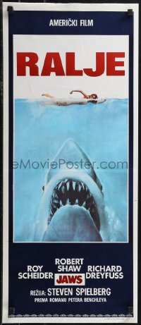 1z0504 JAWS Yugoslavian 14x32 1975 Spielberg's man-eating shark attacking swimmer, Ralje!