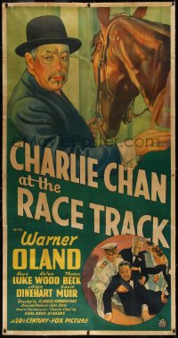 2a0560 CHARLIE CHAN AT THE RACE TRACK linen 3sh 1936 art of Asian Warner Oland & horse, ultra rare!