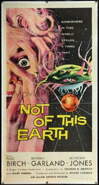 2a0566 NOT OF THIS EARTH linen 3sh 1957 classic close up art of screaming girl & alien monster, rare!