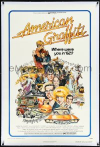 2a0823 AMERICAN GRAFFITI linen 1sh 1973 George Lucas teen classic, Mort Drucker montage art of cast!
