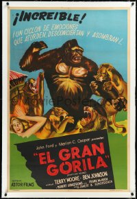 2a0629 MIGHTY JOE YOUNG linen Argentinean R1950s 1st Harryhausen, great art of ape attacked by lions!