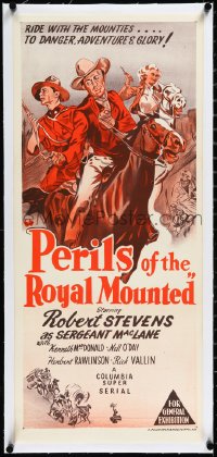 2a0668 PERILS OF THE ROYAL MOUNTED linen Aust daybill R1950s RCMP serial, The Mountie Gets His Man!
