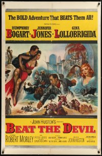 2a0833 BEAT THE DEVIL linen 1sh 1953 art of Humphrey Bogart w/sexy Gina Lollobrigida & Jennifer Jones!