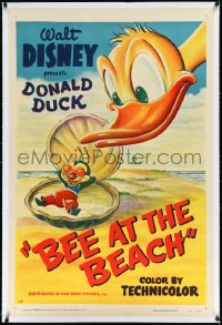 2a0836 BEE AT THE BEACH linen 1sh 1950 Walt Disney, cartoon art of Donald Duck glaring at bee,rare!