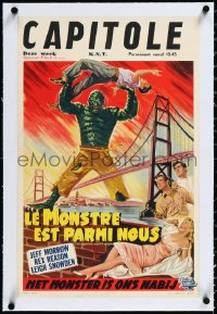 2a0636 CREATURE WALKS AMONG US linen Belgian 1956 art of monster attacking by Golden Gate Bridge!