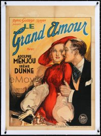 2a0637 GREAT LOVER linen pre-war Belgian 1931 stone litho of Adolphe Menjou & elegant Irene Dunne!