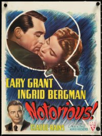 2a0640 NOTORIOUS linen Belgian 1948 art of Cary Grant & Ingrid Bergman in big key, Hitchcock classic!