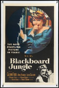 2a0843 BLACKBOARD JUNGLE linen 1sh 1955 Richard Brooks classic, art of terrified Margaret Hayes!