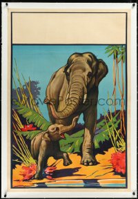 2a0743 WALLACE BROS CIRCUS linen 28x41 circus poster 1930s great art of elephant mother & baby, rare!