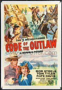 2a0865 CODE OF THE OUTLAW linen 1sh 1942 art of Three Mesquiteers Bob Steele, Tom Tyler & Rufe Davis!