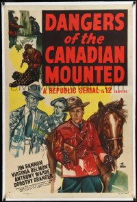 2a0873 DANGERS OF THE CANADIAN MOUNTED linen 1sh 1948 Republic serial, cool artwork of Mounties!
