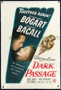 2a0874 DARK PASSAGE linen 1sh 1947 Humphrey Bogart & Lauren Bacall together again in violent love!