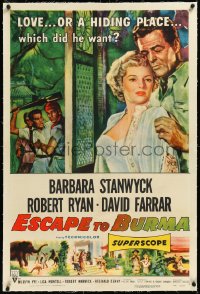 2a0887 ESCAPE TO BURMA linen 1sh 1955 cool art of Robert Ryan & sexy Barbara Stanwyck in the jungle!