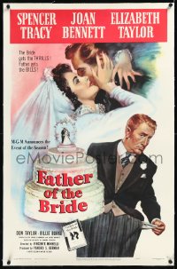 2a0890 FATHER OF THE BRIDE linen 1sh 1950 art of Liz Taylor in wedding gown & broke Spencer Tracy!