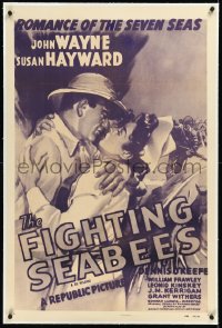 2a0891 FIGHTING SEABEES linen 1sh R1954 great art of John Wayne about to kiss Susan Hayward!