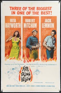 2a0892 FIRE DOWN BELOW linen 1sh 1957 full-length sexy Rita Hayworth, Robert Mitchum & Jack Lemmon!