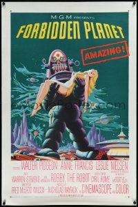 2a0899 FORBIDDEN PLANET linen 1sh 1956 most classic art of Robby the Robot holding sexy Anne Francis!