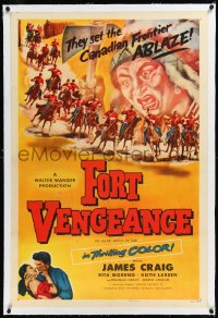 2a0900 FORT VENGEANCE linen 1sh 1953 cool artwork of Canadian Mounties vs Native American Indians!