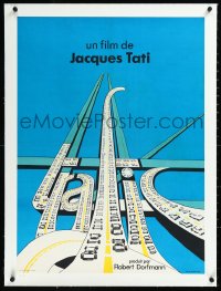 2a0720 TRAFFIC linen French 23x31 1971 Jacques Tati as Mr. Hulot, art of title as congested highways!
