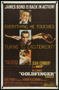 2a0454 GOLDFINGER 1sh 1964 three images of Sean Connery as James Bond 007 with a flat finish!