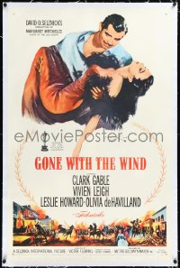 2a0914 GONE WITH THE WIND linen 1sh R1961 Clark Gable carrying Vivien Leigh over burning Atlanta!