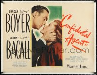 2a0797 CONFIDENTIAL AGENT linen 1/2sh 1945 romantic c/u of Charles Boyer kissing Lauren Bacall, rare!